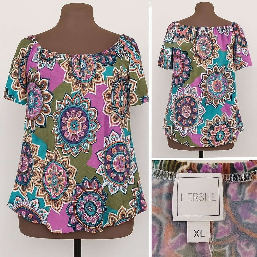HerShe Women XL Shirt Top Boho Peasant Multicolor Mandala Print‎ Off Shoulder